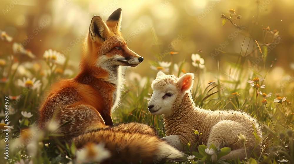 Fototapeta premium Peaceful Scene: Fox and Lamb Sitting Together in Harmony