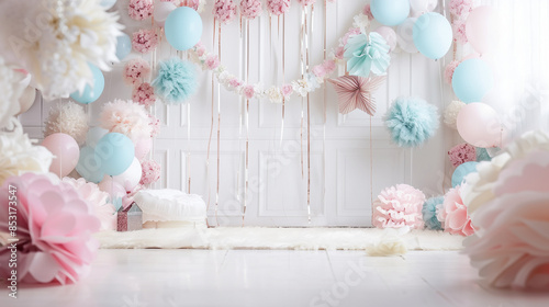 birthday background, Photo one year party decor happy birthday background, light pastel colors decor, white room