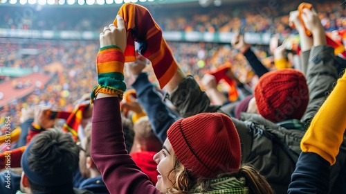 Fans wearing colorful scarves cheer for their team at a crowded stadium. They are part of a major sports competition. photo