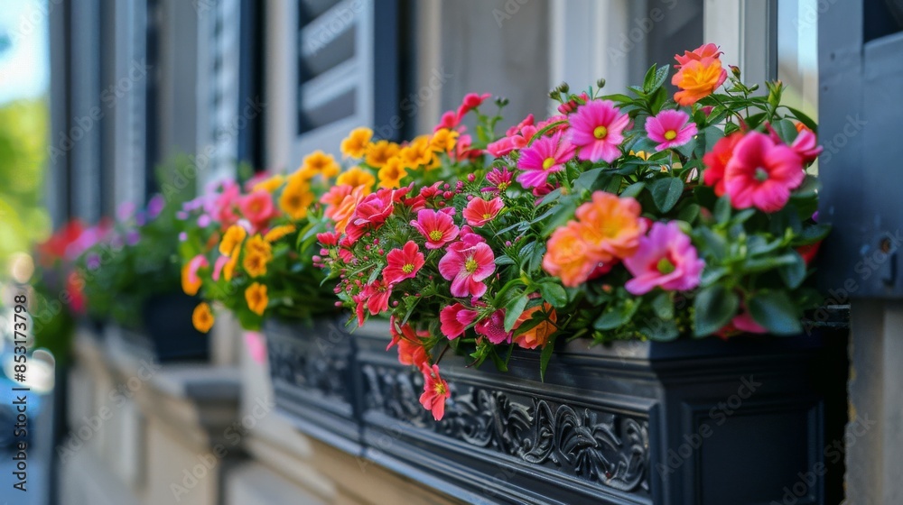 Fototapeta premium Colorful Flower-Filled Window Boxes
