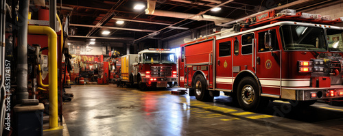 Firetruck ready inside a fire station bay
