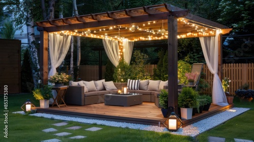 A large wooden gazebo with white curtains and lights hanging from the roof