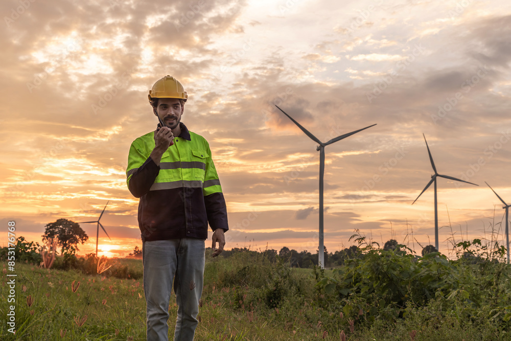 custom made wallpaper toronto digitalProfessional Man Maintenance engineers working in wind turbine farm at sunset. Engineer Man standing among Wind Energy Turbine.