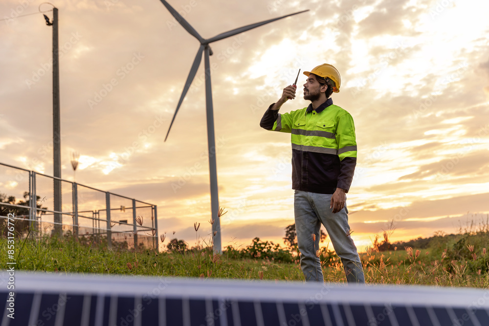 Professional Man Maintenance engineers working in wind turbine farm at sunset. Engineer Man standing among Wind Energy Turbine. Professional Man Maintenance engineers working in wind turbine farm at sunset. Engineer Man standing among Wind Energy Turbine.
