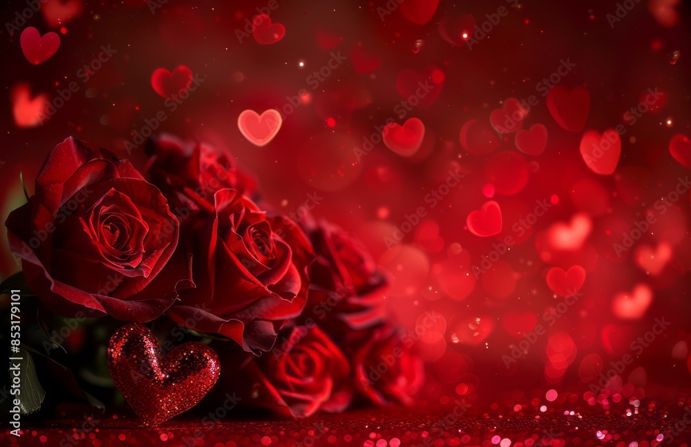 A red background with heartshaped roses and small hearts in the foreground, creating an atmosphere of love for Valentine's Day A red background with heartshaped roses and small hearts in the foreground, creating an atmosphere of love for Valentine's Day