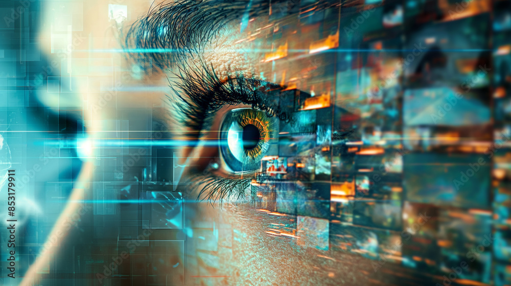 A close-up view of a human eye reflecting intricate digital patterns and data, representing the convergence of human vision and advanced technology, symbolizing the future of AI and human interaction. A close-up view of a human eye reflecting intricate digital patterns and data, representing the convergence of human vision and advanced technology, symbolizing the future of AI and human interaction.