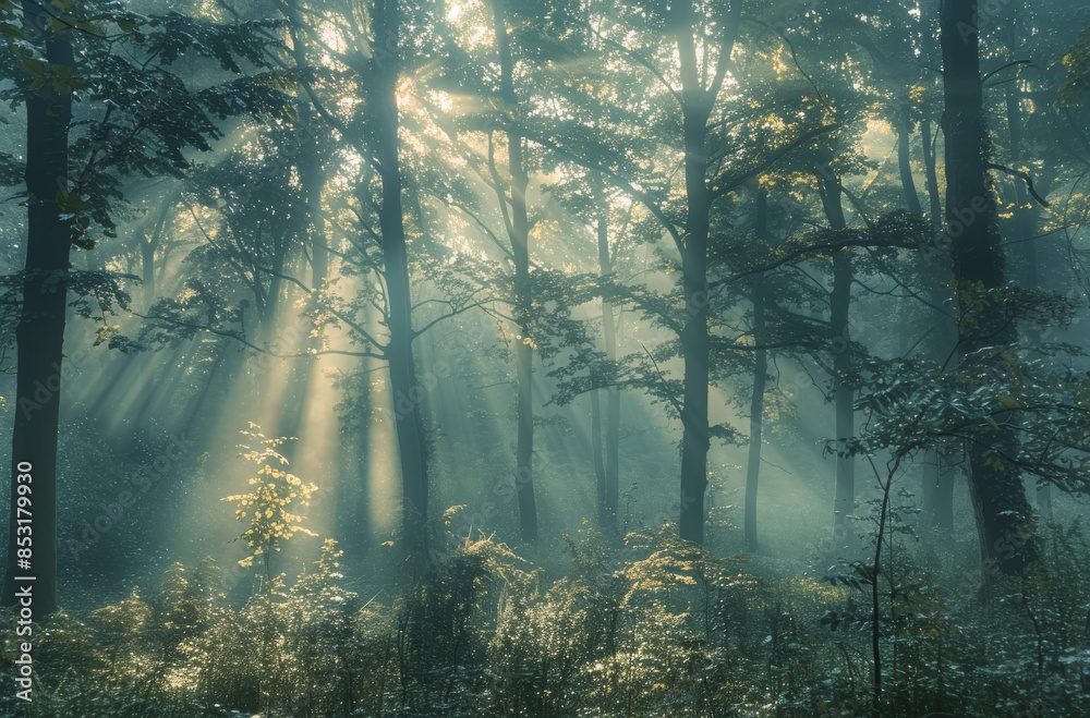 Obraz premium Sunbeams Illuminating a Foggy Morning Forest