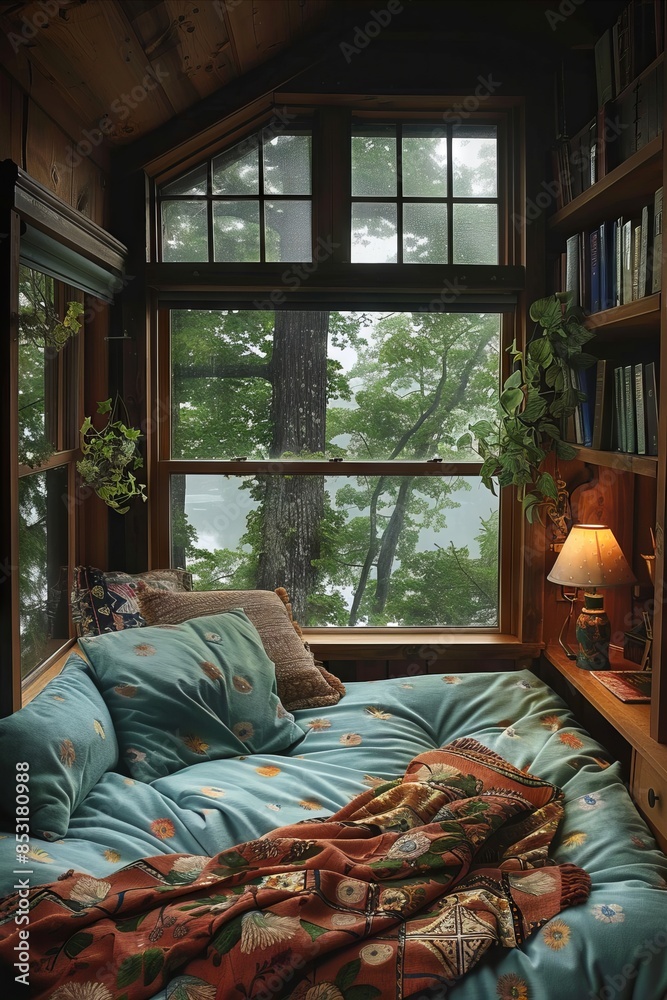 A bed in a room with books and a window. A bed in a room with books and a window.