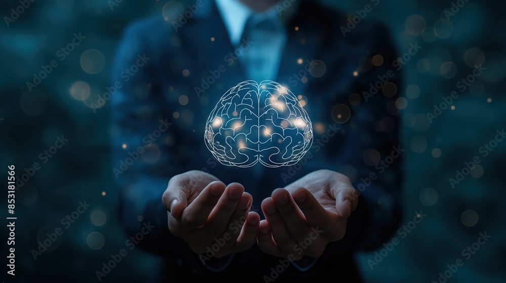 Businessman holding brain hologram, AI artificial intelligence Businessman holding brain hologram, AI artificial intelligence