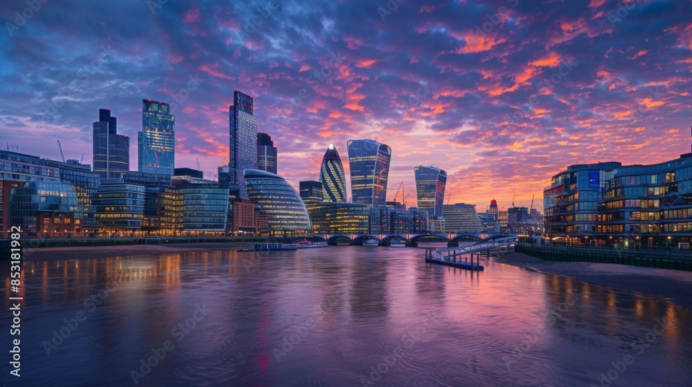 Fototapeta premium Beautiful city skyline at sunset with colorful sky and reflections in the water.