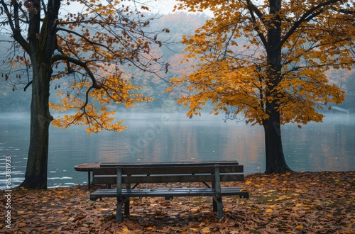 Empty Picnic Table By A Foggy Lake In Autumn