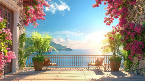 Wooden Porch With Chairs and Potted Plant