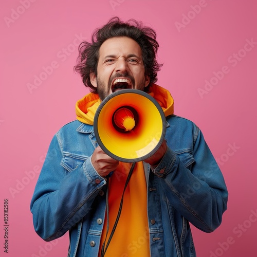 Energetic man with facial hair in a denim jacket shouts passionately through a yellow megaphone against a pink background photo