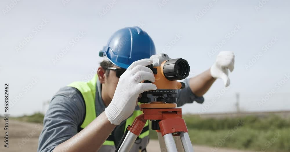 Civil engineer working with theodolite under a road construction bridge. engineer surveyor is taking measurements with surveying instruments during a new road construction. Civil engineer working with theodolite under a road construction bridge. engineer surveyor is taking measurements with surveying instruments during a new road construction.