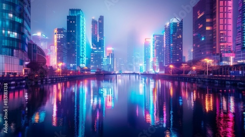 Vibrant neon cityscape reflecting on a calm river at night, showcasing illuminated skyscrapers and a futuristic urban atmosphere in vivid colors.