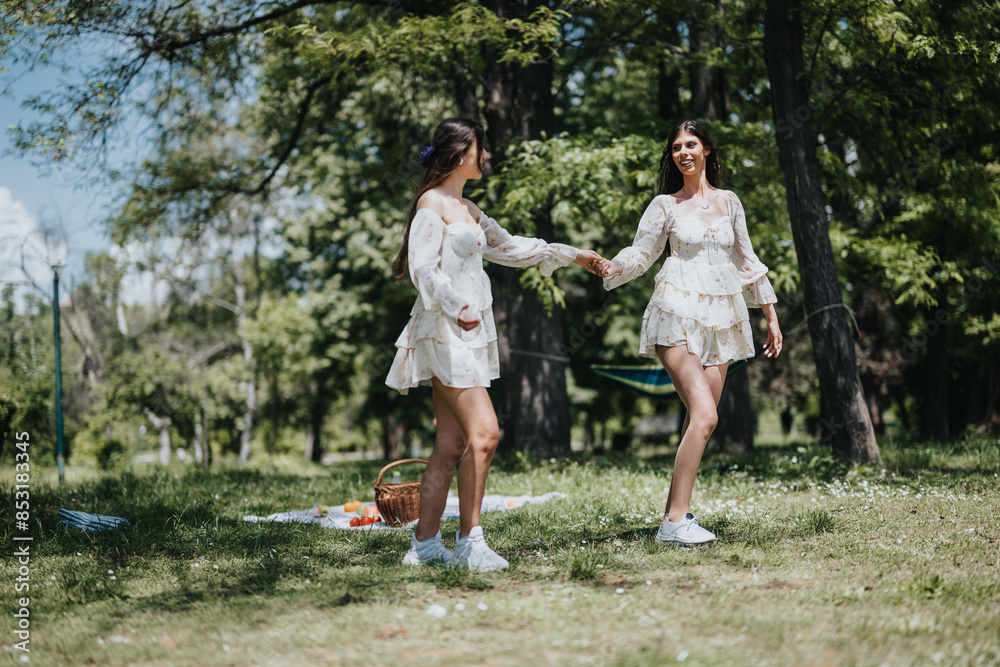 Joyful friends holding hands and spinning in a green park, surrounded by trees and grass, embodying happiness and friendship. Joyful friends holding hands and spinning in a green park, surrounded by trees and grass, embodying happiness and friendship.