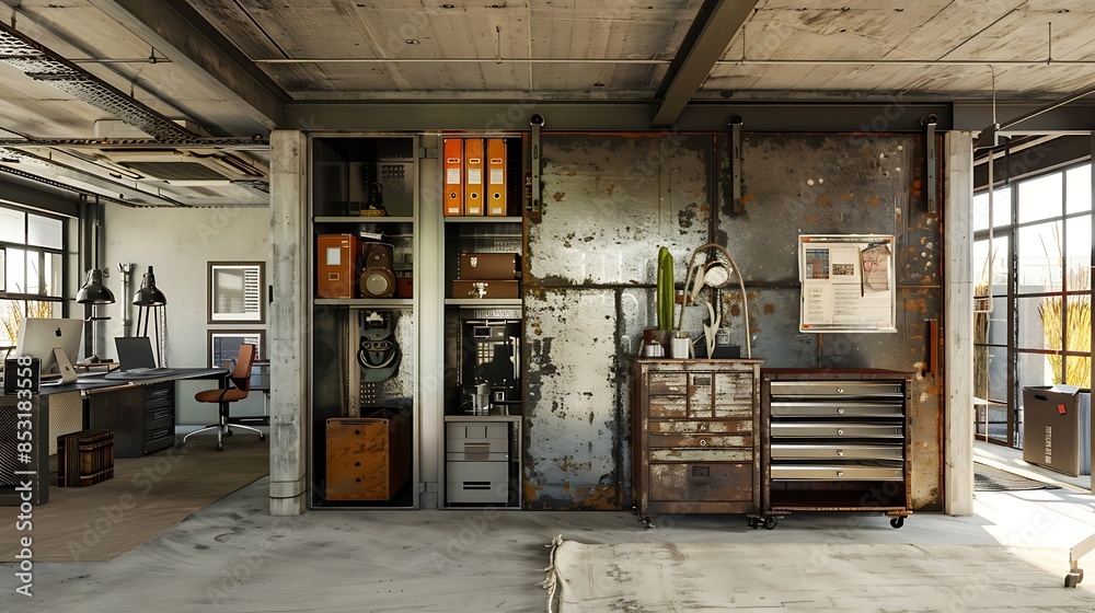 industrial home office with a sliding metal door, concrete ceiling, and a vintage metal filing cabinet industrial home office with a sliding metal door, concrete ceiling, and a vintage metal filing cabinet