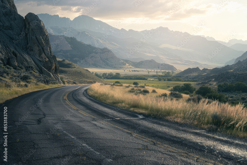 Naklejka premium Road to the great mountain. Sunrise