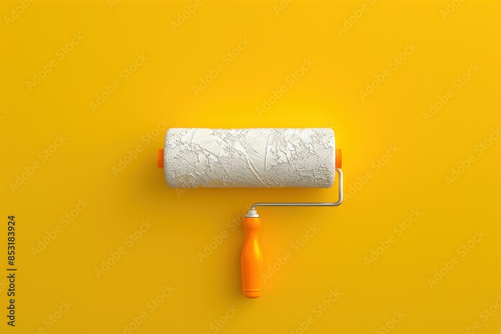 Fototapeta premium Roll of white paint and orange roller on yellow background artistic tools for home improvement and interior design