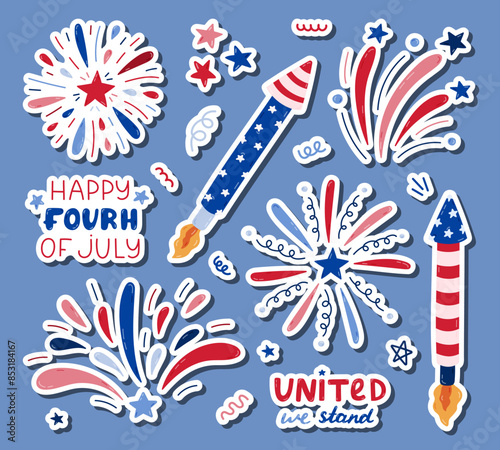 Cute set of cartoon stickers with fireworks, rockets and lettering for 4th July for planners, notebooks. Ready for print list of cute stickers. Salute as sign of Independence day, holidays, festival.
