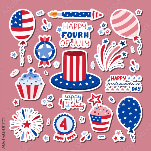 Cute set of stickers with cartoon patriotic symbols of USA Independence day for planners, notebooks. Ready for print list of cute stickers. Fireworks, hat, medal, cupcake, balloons, flag, lettering.
