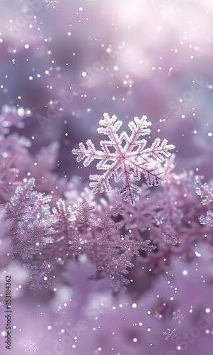 Light purple background with white snowflakes, sparkles and festive holiday atmosphere © Fat Bee
