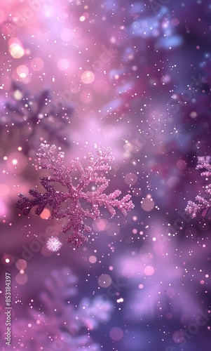 Light purple background with white snowflakes and bokeh lights © Fat Bee