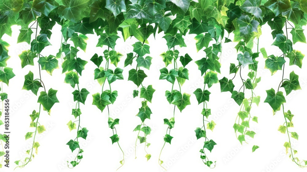 Fototapeta premium Green Ivy Leaves Tropic Plant Vine with Flower Blooms Hanging and Climbing on White Background