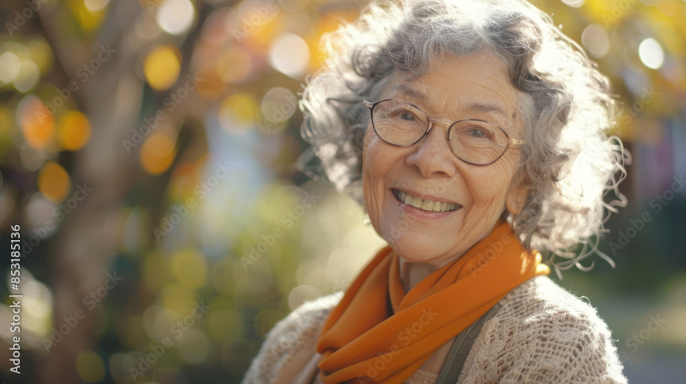 a joyful elderly woman with curly gray hair and red-framed glasses, smiling brightly. outdoors, background of greenery and bokeh light effects a joyful elderly woman with curly gray hair and red-framed glasses, smiling brightly. outdoors, background of greenery and bokeh light effects