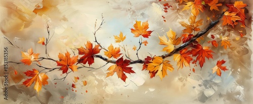 Autumnal Maple Leaves On A Branch In A Hazy Forest