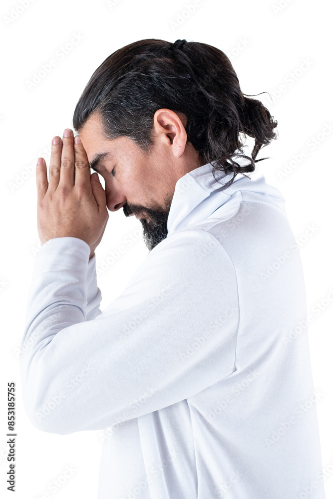 A man dressed in white clasping hands while over transparent background. Tadasana yoga pose. A man dressed in white clasping hands while over transparent background. Tadasana yoga pose.