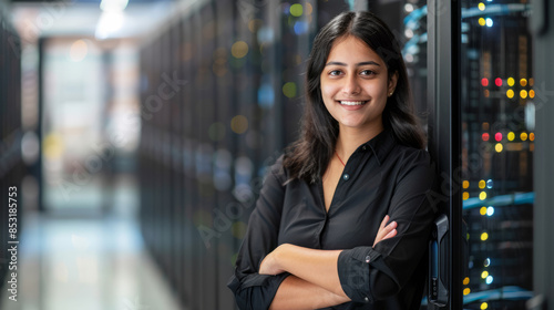 Waist up portrait of indian female system admin in server room, copy space