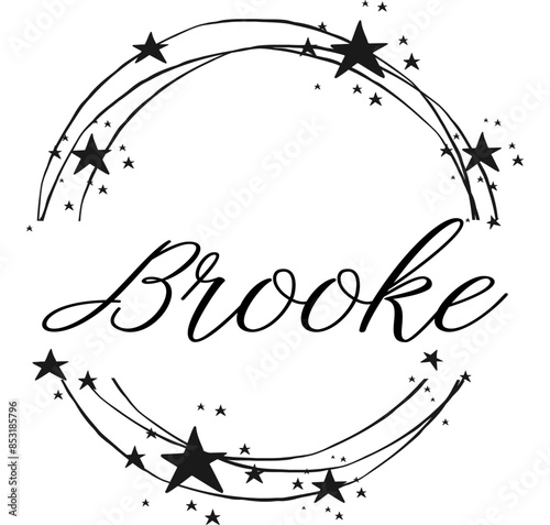 Brooke - nome proprio scritto tra cerchi e stelle, logo rotondo, grafica vettoriale per feste e periodo natalizio, banner, cartoline, felpa, stampe, cricut, silhouette, sublimazione
