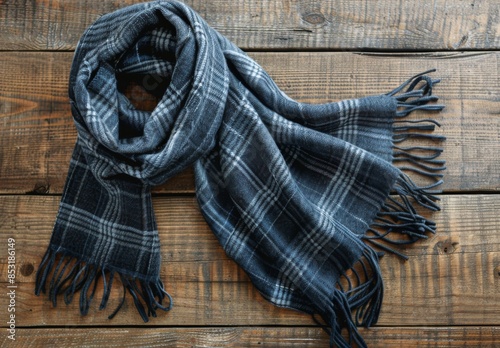 Blue Plaid Scarf Laid On Wooden Surface