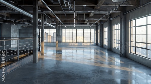 open loft space with concrete floors, metal railings, and large windows letting in natural light