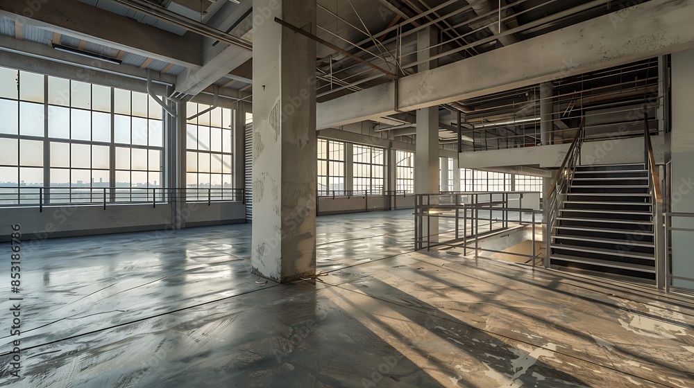 open loft space with concrete floors, metal railings, and large windows letting in natural light open loft space with concrete floors, metal railings, and large windows letting in natural light