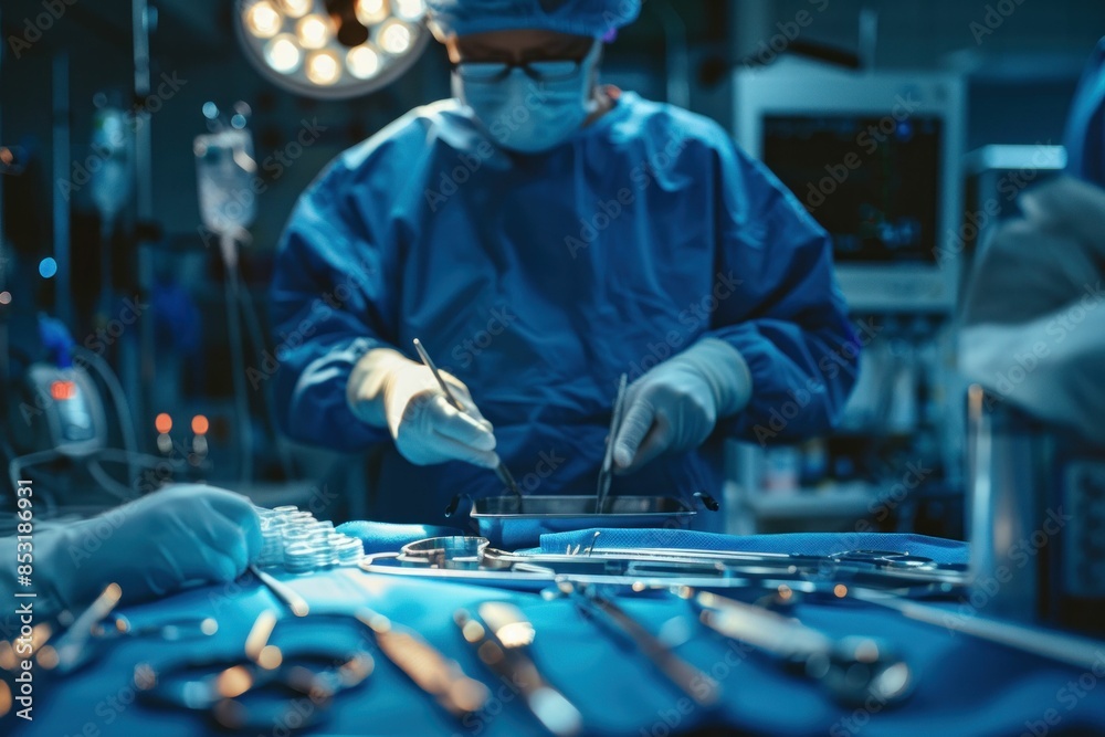 Surgeon performing surgery in operating room with surgical instruments and equipment for medical procedure Surgeon performing surgery in operating room with surgical instruments and equipment for medical procedure