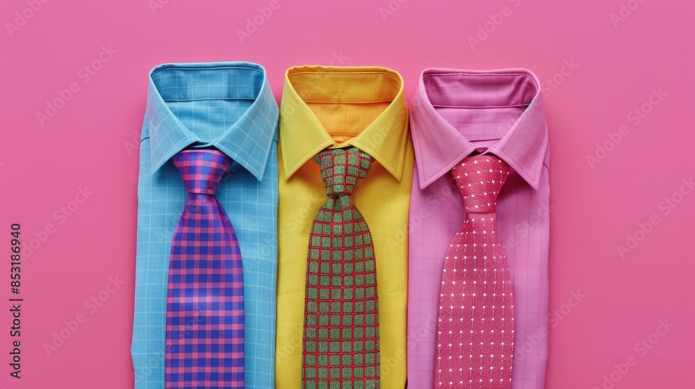Matching a tie to three multicolored men s shirts against a pink backdrop viewed from the top Matching a tie to three multicolored men s shirts against a pink backdrop viewed from the top