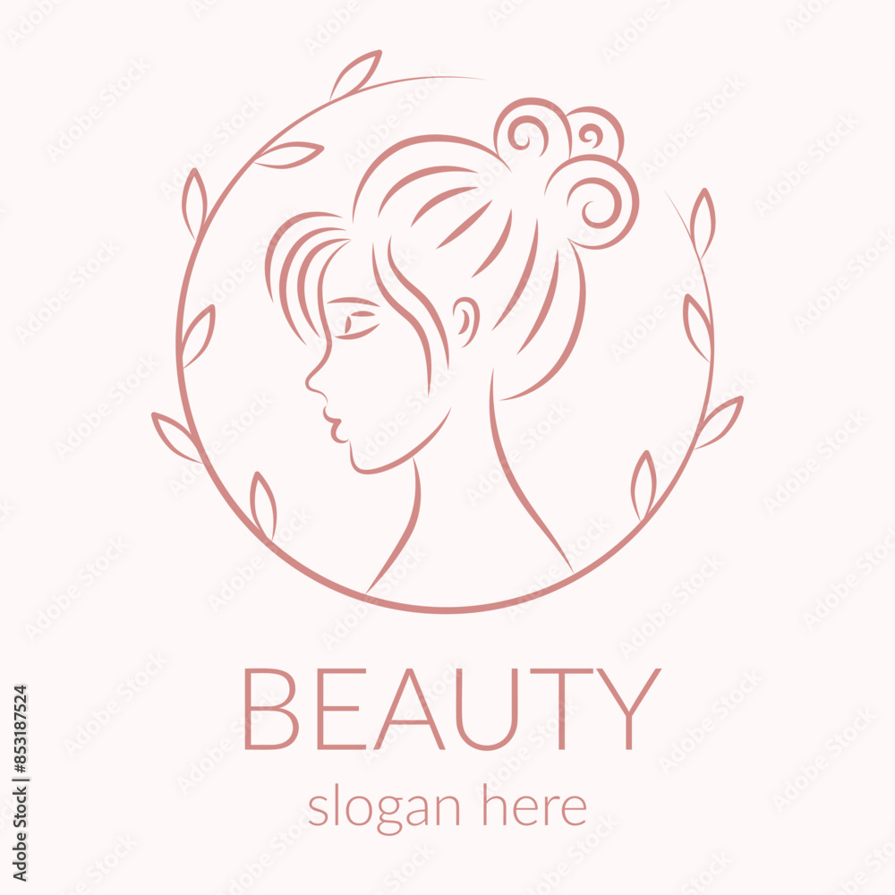 Woman logo template for beauty salon in line art style. Girl face profile and floral elements. Vector illustration. 