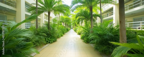 This image showcases a vibrant tropical pathway flanked by lush palms and plants, exuding tranquility and natural beauty
