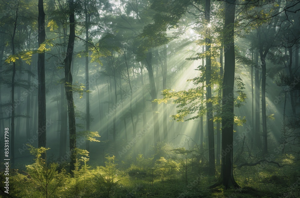Sunbeams Illuminating a Foggy Morning Forest Sunbeams Illuminating a Foggy Morning Forest