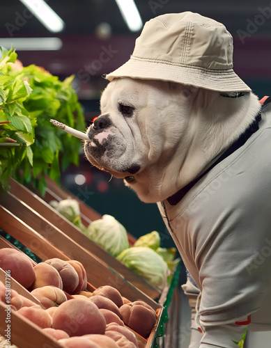 hund, bulldogge, im, supermarkt, neu, close up, gemüse, vegan, rauchend, hipster, einkaufen, gesund, lebensmittelgeschäft, lager, stand, tier, frisch, erstellt, bio, hut, jogger, jogginghose, shopping photo