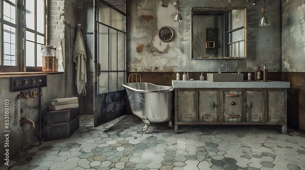 bathroom with a freestanding metal tub, hexagonal floor tiles, and a concrete vanity with a metal sink bathroom with a freestanding metal tub, hexagonal floor tiles, and a concrete vanity with a metal sink