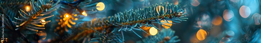 Fototapeta premium background of fir branches with lights close-up.