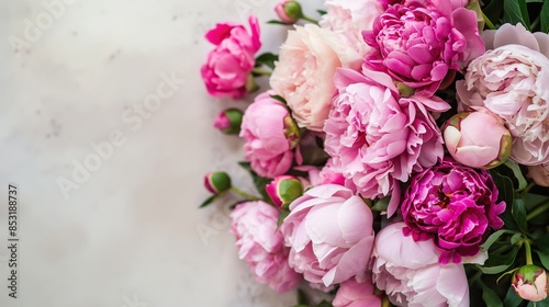 Fototapeta Naklejka Na Ścianę i Meble -  Fresh bunch of pink peonies and roses with copy space