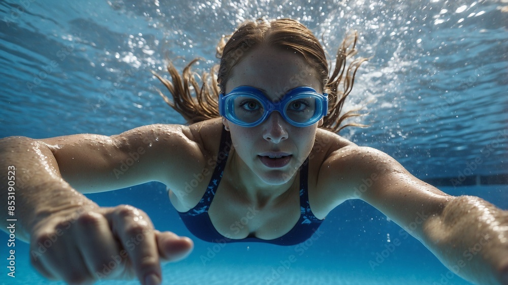 Naklejka premium A high-quality underwater photograph of a determined swimmer in action, wearing blue goggles and a navy swimsuit, against the clear blue water.