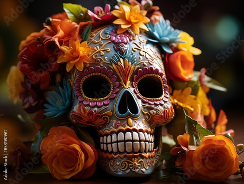 Decorated Skull With Flowers for Day of the Dead