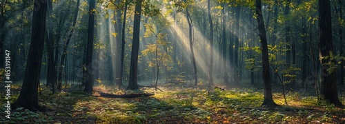Sunbeams Illuminating a Foggy Forest Path