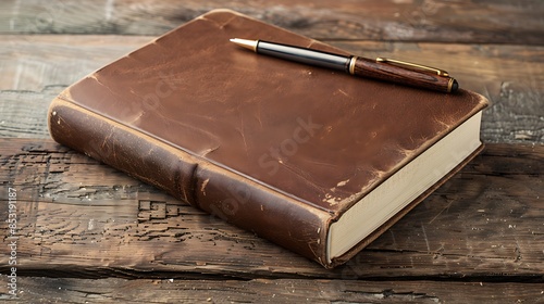 A vintage leather-bound journal with a fountain pen, resting on a rustic wooden surface. The image evokes a sense of history and storytelling.