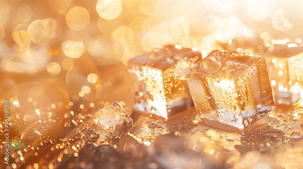 A warm, sparkling background of golden bokeh lights and ornaments for festive celebrations.